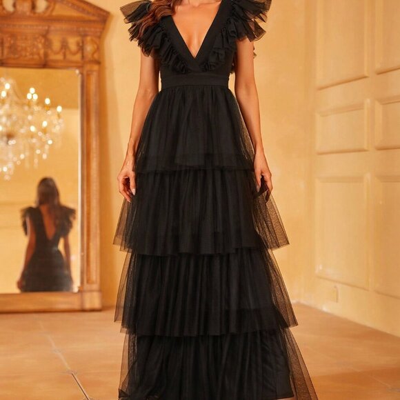 Black Elegant Women's Deep V-Neck Ruffled Flared Sleeves Evening Gown - Picture 3 of 6